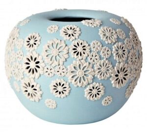 Turquoise bowl with white openwork flowers applied.