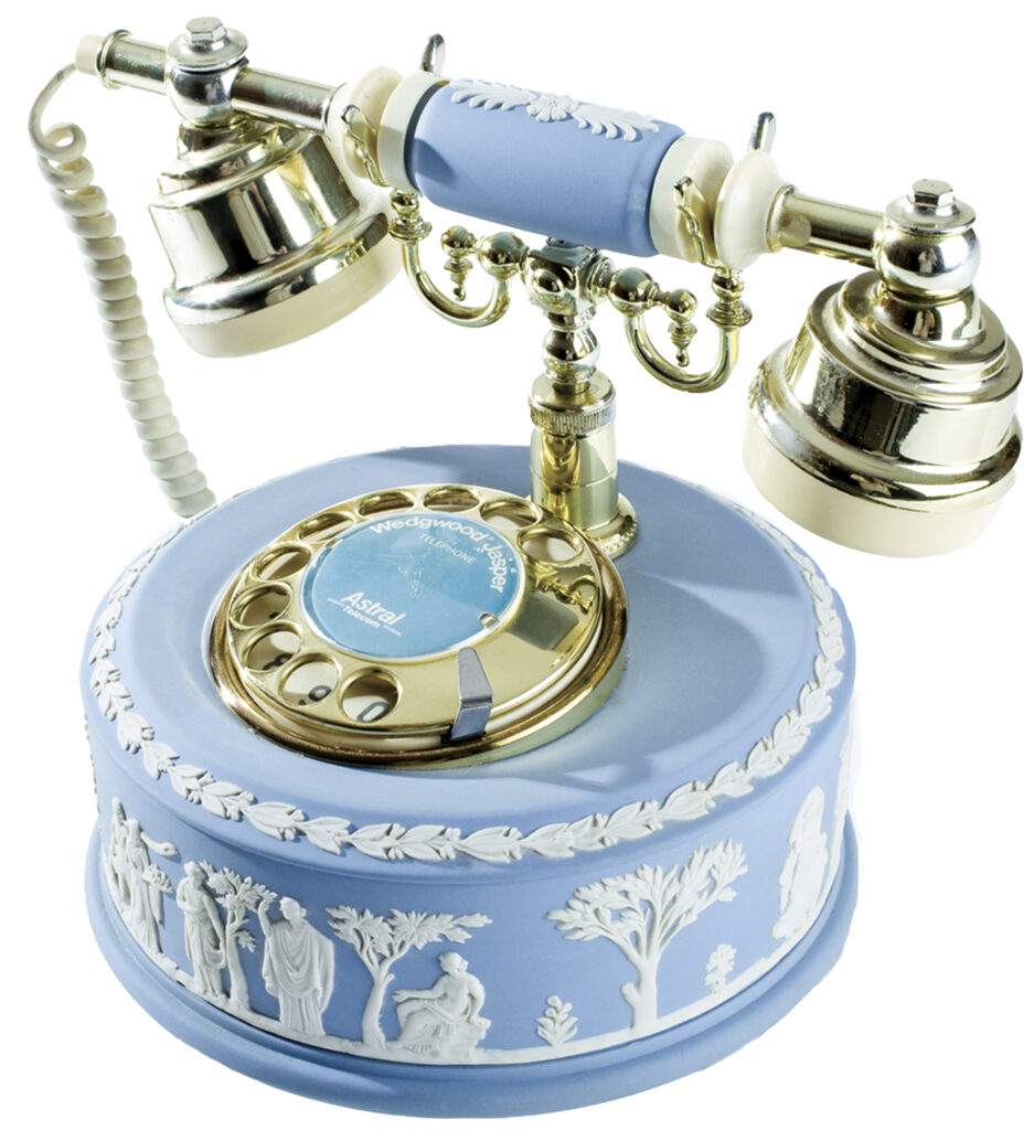 Light blue jasperware rotary telephone.