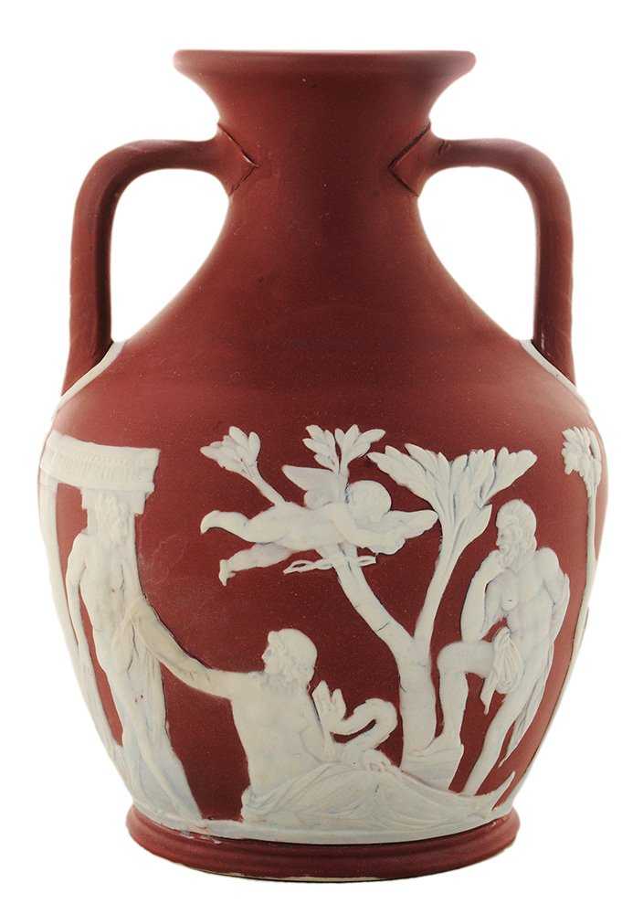 Deep red jasperware vase with two handles.