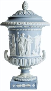 Light blue jasper urn with classical figures and patterns.