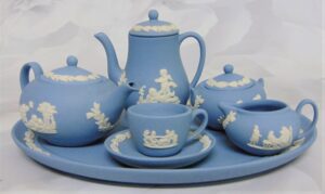 Light blue jasperware tea set.